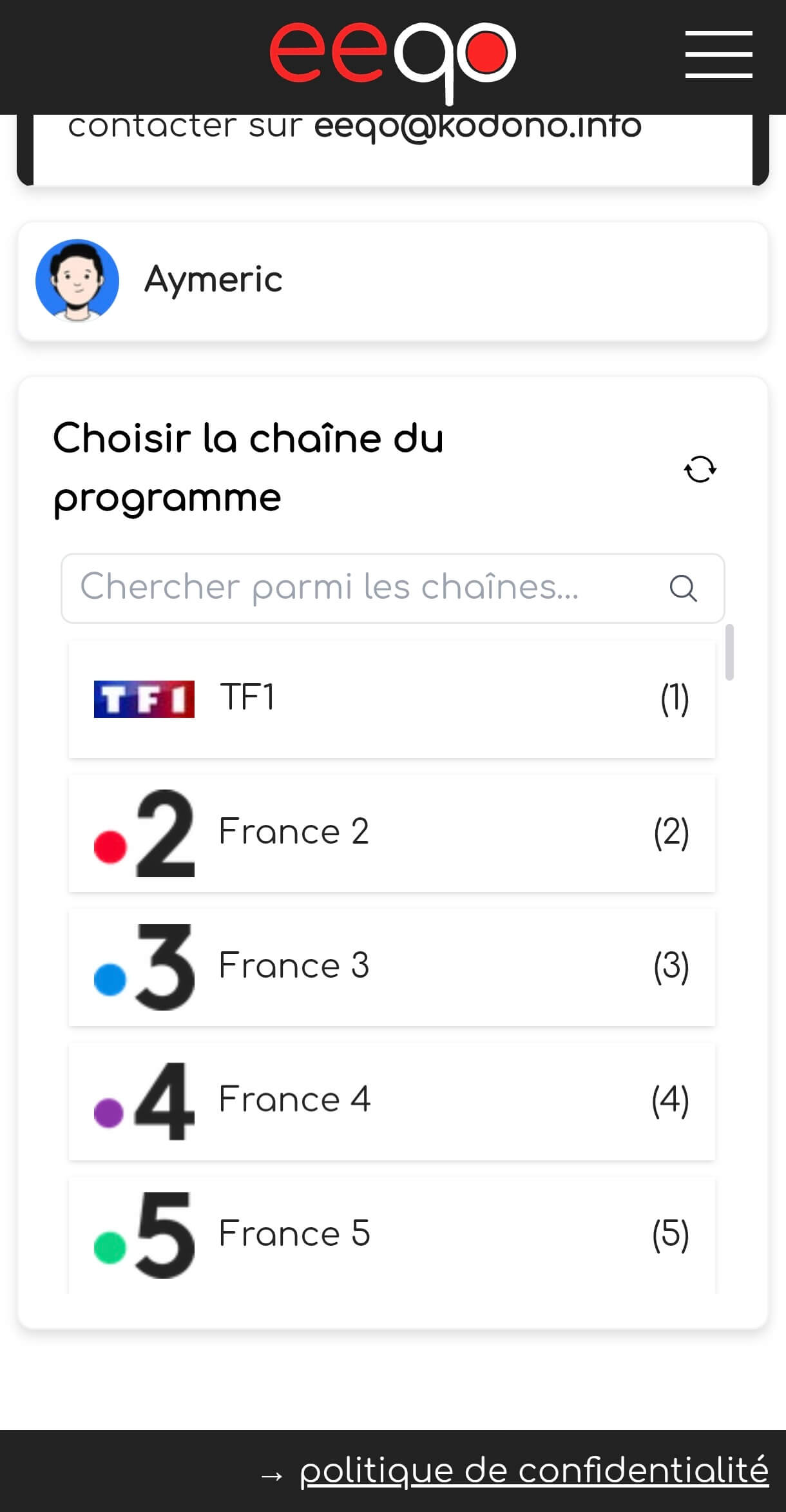 Capture d'écran de l'application eeqo