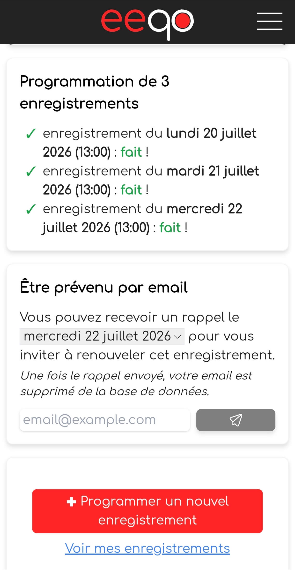 Capture d'écran de l'application eeqo
