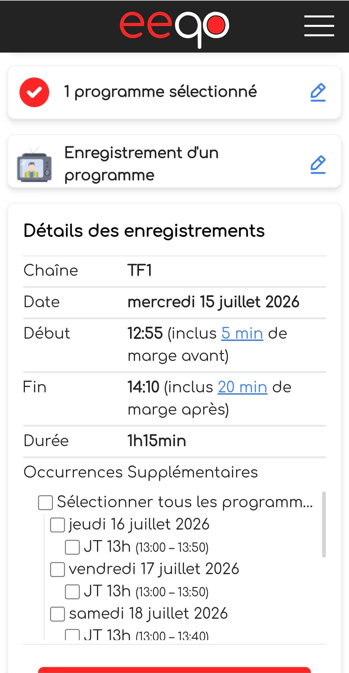 Capture d'écran de l'application eeqo