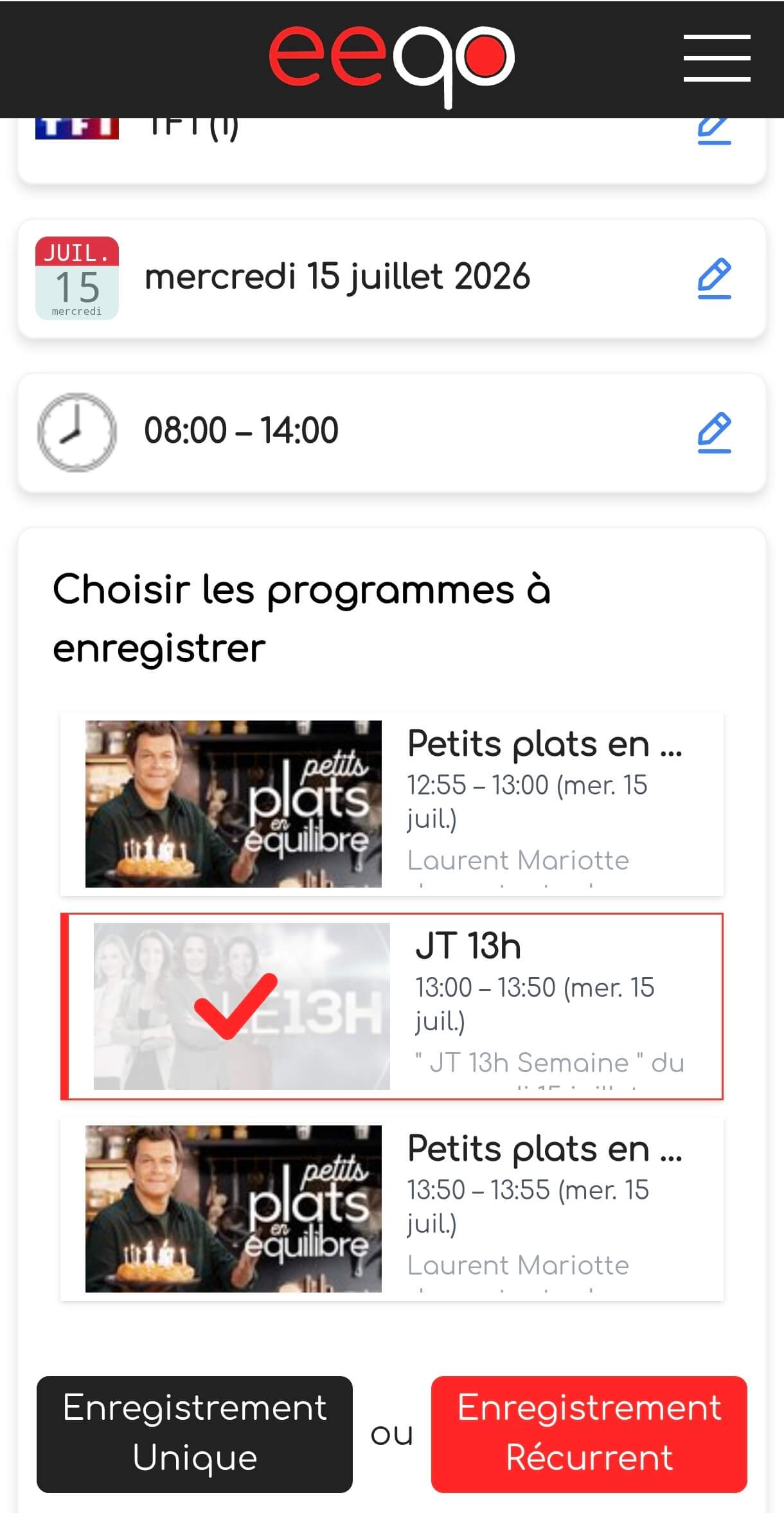 Capture d'écran de l'application eeqo